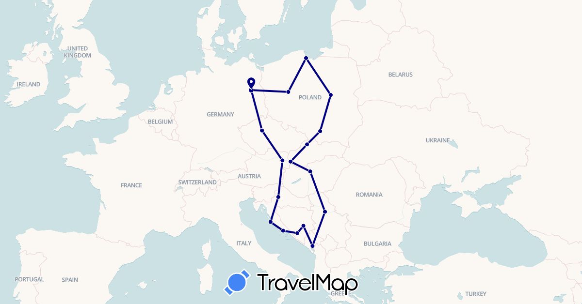 TravelMap itinerary: driving in Austria, Bosnia and Herzegovina, Czech Republic, Germany, Croatia, Hungary, Montenegro, Poland, Serbia, Slovakia (Europe)